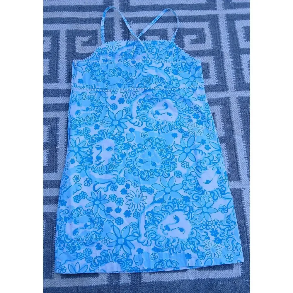 Vintage lilly pulitzer girls 10 yrs shift dress coastal blue lion around floral